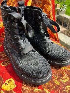Betsey Johnson Black Crystal Lace-Up Combat Boots